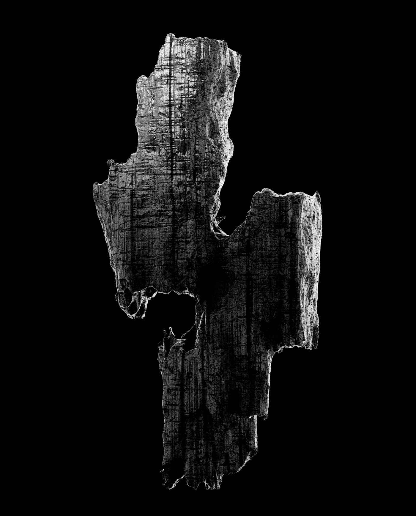 A textured rock formation against a black background.